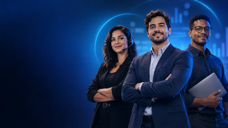 Equipe profissional fictícia representando atendimento, vendas e gestão