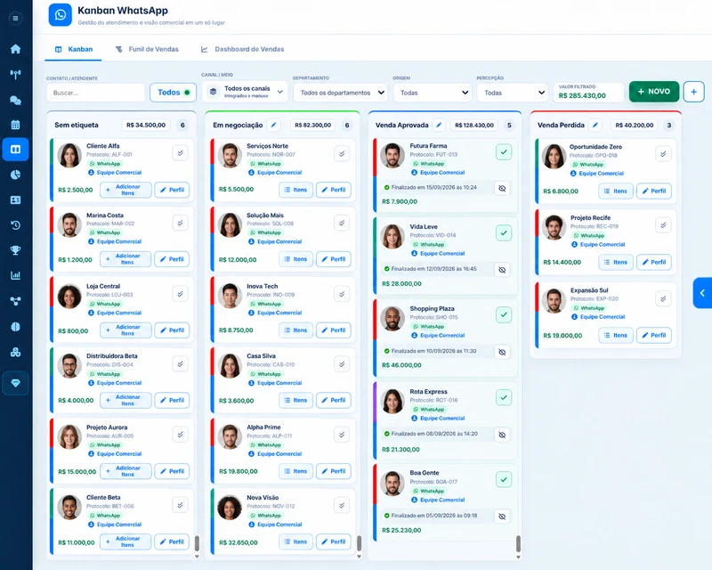 Kanban de leads do OibotCRM em ambiente demonstrativo