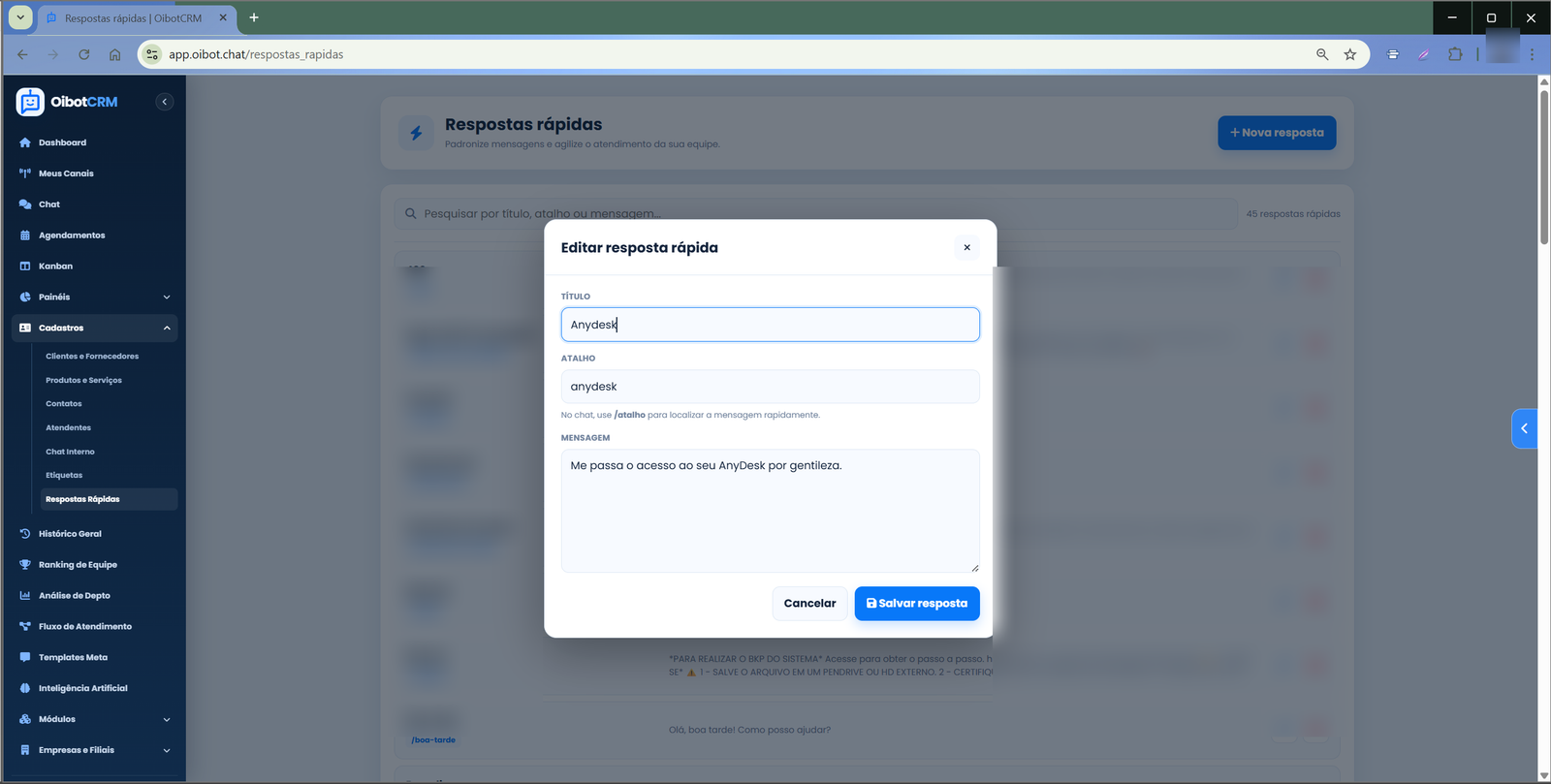 Respostas rápidas no OibotCRM