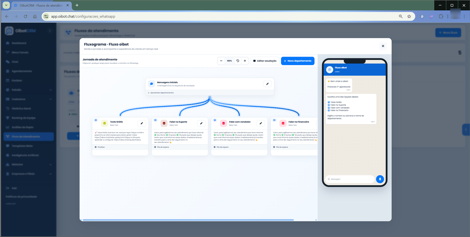 Construtor visual de fluxos do OibotCRM