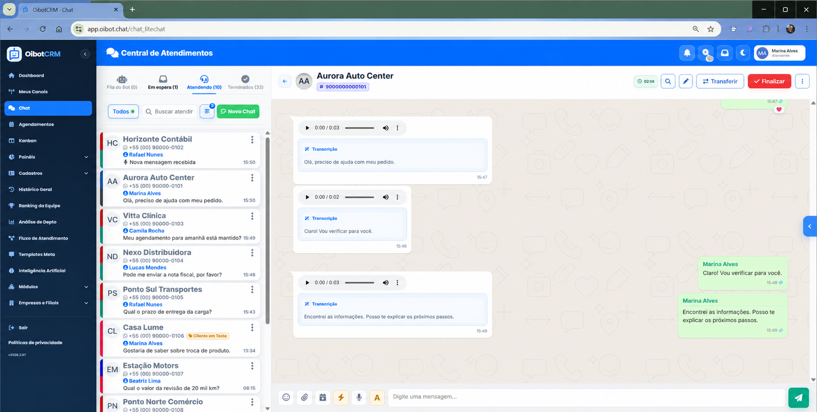 Central de atendimentos OibotCRM com dados fictícios